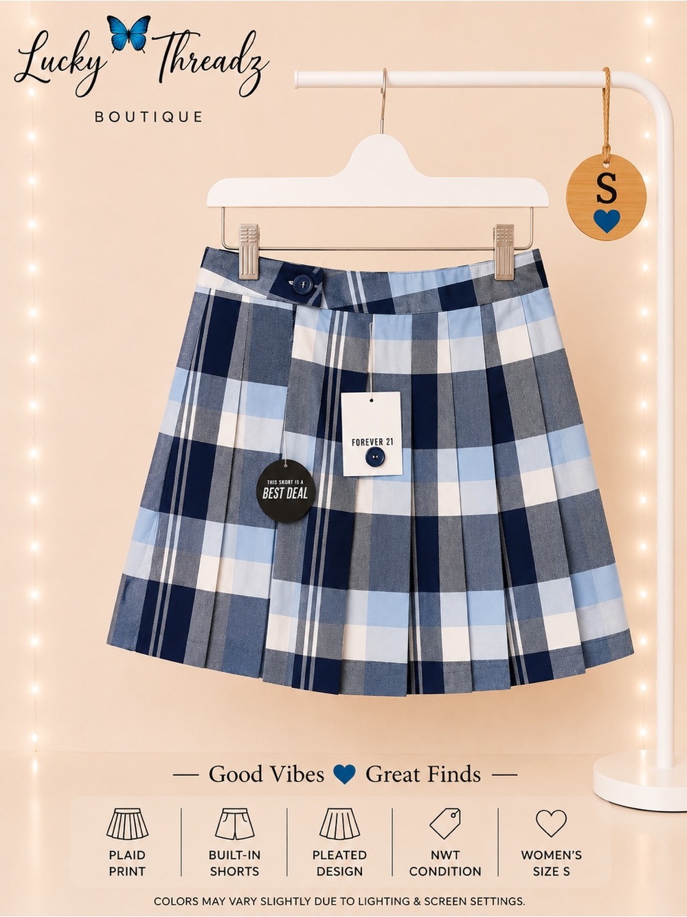 Forever 21 Blue Plaid Pleated Mini Skirt NWT S